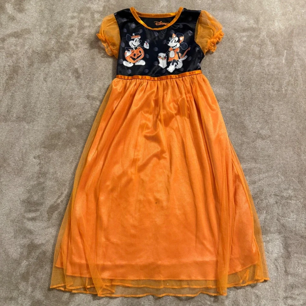 Girls Orange Black Pumpkin Princess Halloween nightgown Dress Mesh Overlay Kids